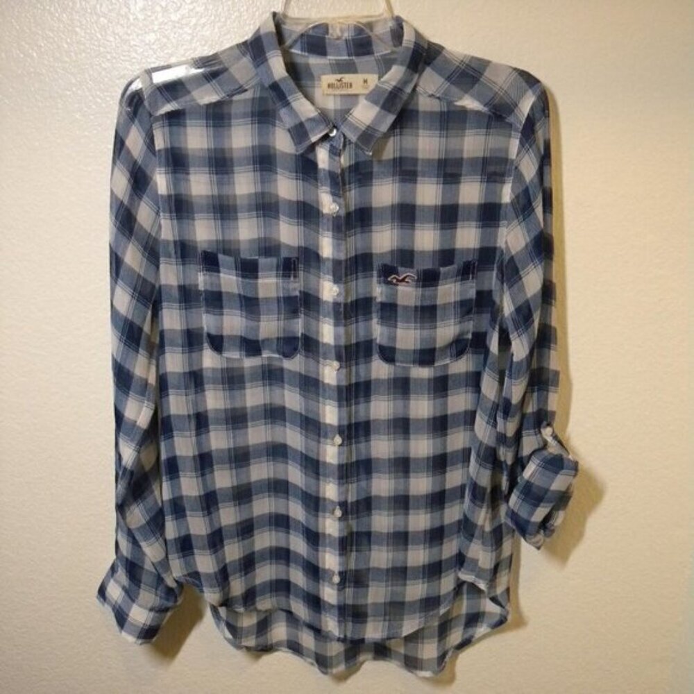 Women's Hollister Navy Plaid Longsleeve Polo Shirt SZ:M